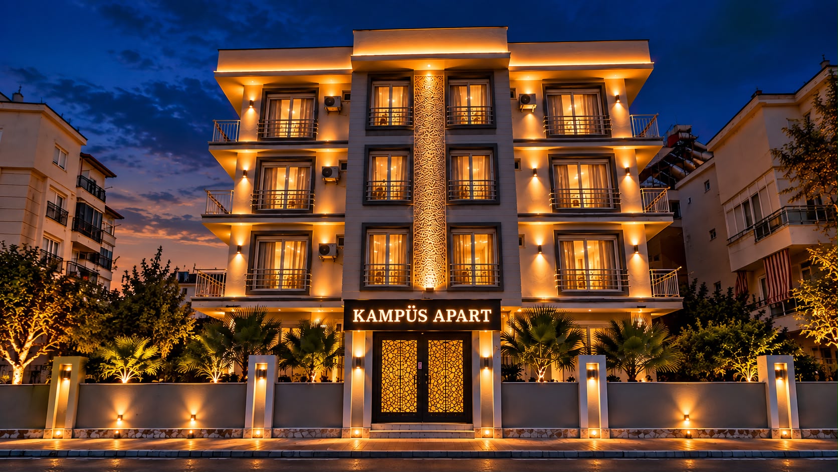 Kampüs Apart Otel binası gece görünümü